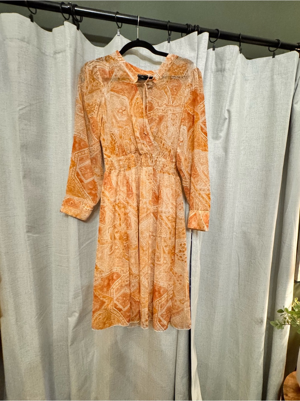 Paisley Tie-Neck Midi Dress in Orange